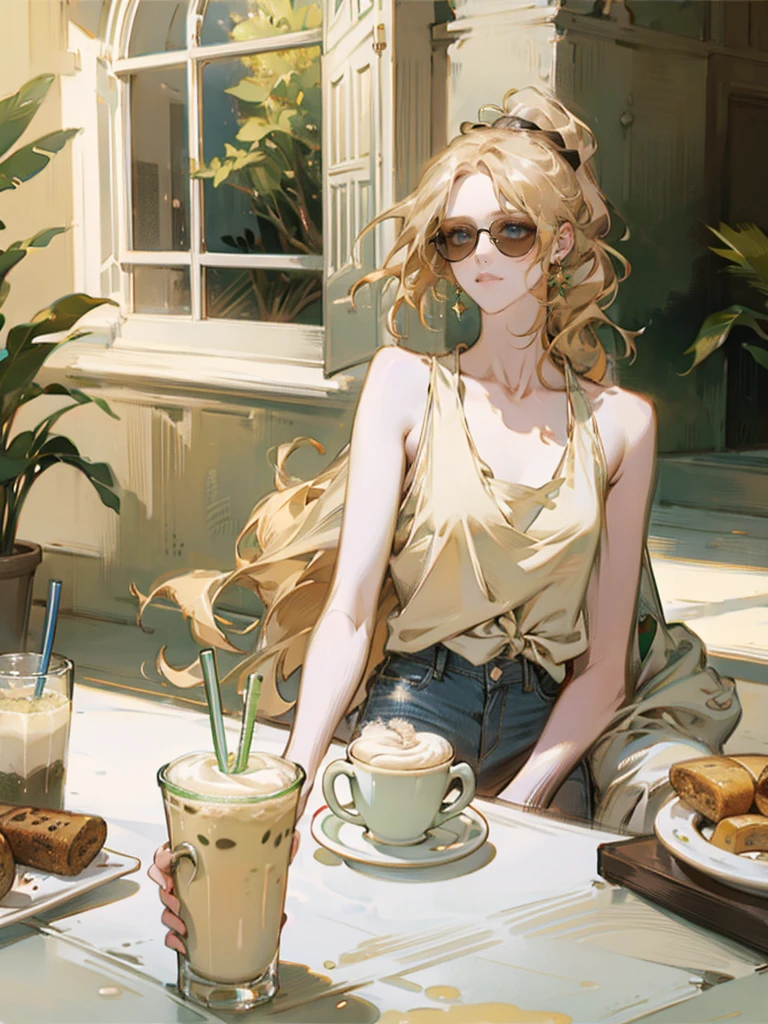 A woman sitting outside at a café table. She is wearing a white tank top and blue denim shorts. Her blonde hair is tied back in a high ponytail, and she is wearing large black sunglasses. In front of her on the table is a large yellow cup with a green drink, possibly a matcha latte, decorated with latte art. There are also several glass cups on the table, one of which contains a drink with a slice of lemon, a metal holder for cutlery, and a smartphone. In the background, there is greenery and part of a building with white window frames. The woman is looking directly at the camera with a slight smile on her face. The atmosphere is calm and cozy, highlighting a relaxed setting., chiaroscuro, depth of field, cinematic lighting, sparkle, god rays, ray tracing, stereogram, multiple views, Canon, UHD, retina, masterpiece, accurate, anatomically correct, textured skin, super detail, high details, high quality, award winning, best quality, highres, 1080P, HD, 4K, 8k, 16k