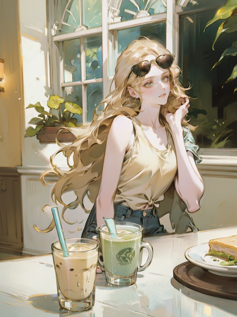 A woman sitting outside at a café table. She is wearing a white tank top and blue denim shorts. Her blonde hair is tied back in a high ponytail, and she is wearing large black sunglasses. In front of her on the table is a large yellow cup with a green drink, possibly a matcha latte, decorated with latte art. There are also several glass cups on the table, one of which contains a drink with a slice of lemon, a metal holder for cutlery, and a smartphone. In the background, there is greenery and part of a building with white window frames. The woman is looking directly at the camera with a slight smile on her face. The atmosphere is calm and cozy, highlighting a relaxed setting., chiaroscuro, depth of field, cinematic lighting, sparkle, god rays, ray tracing, stereogram, multiple views, Canon, UHD, retina, masterpiece, accurate, anatomically correct, textured skin, super detail, high details, high quality, award winning, best quality, highres, 1080P, HD, 4K, 8k, 16k