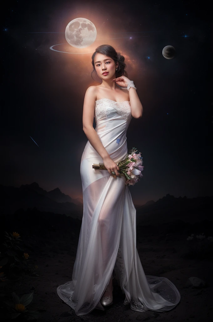 (analog photo:1.2),((dynamic pose:1.2),(dynamic camera),fantasy style, On the moon full of flowers, an young woman with long lace dress, long hair,walking happily on the flowers moon, looking to camera, The background is the space background, and Earth, stars, and other planets can be seen flying ribbons,design, lighting, photography, cute, realistic, ultra realistic, real photography, photorealistic, Photo taken on a Mamiya ARZ67 with Portra 400 film, aperture 4, shutter speed 125 stardust  concept art,, (natural colors, correct white balance, color correction, dehaze,clarity), (composition centering, conceptual photography)),(midnight hour, high quality, film grain), (natural colors, correct white balance, color correction, dehaze,clarity)