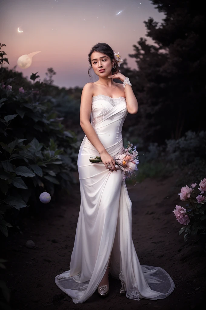 (analog photo:1.2),((dynamic pose:1.2),(dynamic camera),fantasy style, On the moon full of flowers, an young woman with long lace dress, long hair,walking happily on the flowers moon, looking to camera, The background is the space background, and Earth, stars, and other planets can be seen flying ribbons,design, lighting, photography, cute, realistic, ultra realistic, real photography, photorealistic, Photo taken on a Mamiya ARZ67 with Portra 400 film, aperture 4, shutter speed 125 stardust concept art,, (natural colors, correct white balance, color correction, dehaze,clarity), (composition centering, conceptual photography)),(midnight hour, high quality, film grain), (natural colors, correct white balance, color correction, dehaze,clarity)