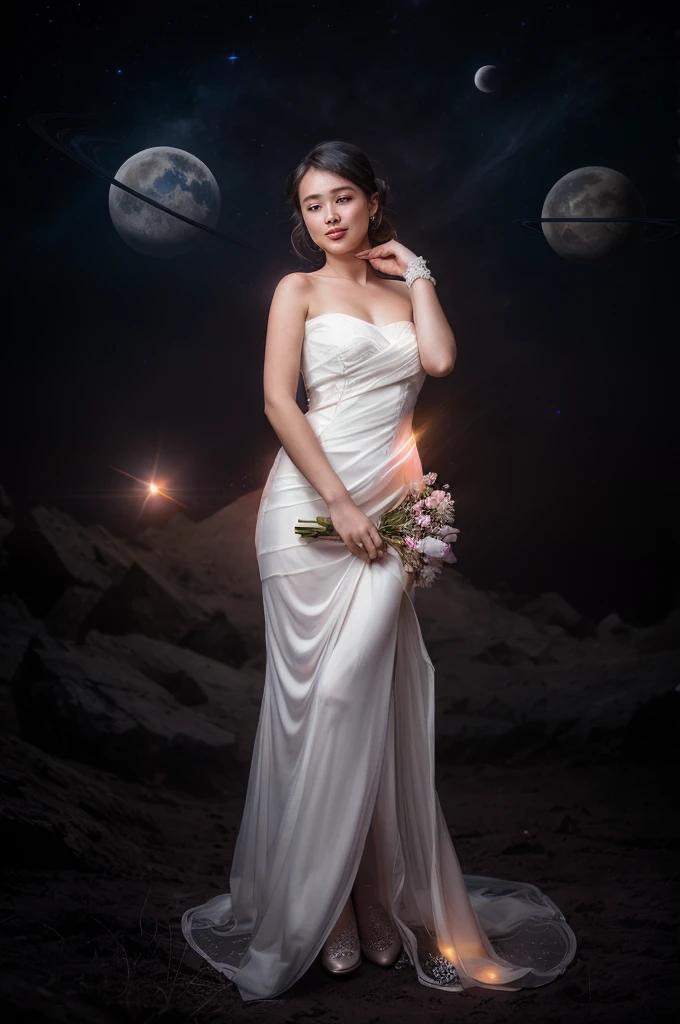 (analog photo:1.2),((dynamic pose:1.2),(dynamic camera),fantasy style, On the moon full of flowers, an young woman with long lace dress, long hair,walking happily on the flowers moon, looking to camera, The background is the space background, and Earth, stars, and other planets can be seen flying ribbons,design, lighting, photography, cute, realistic, ultra realistic, real photography, photorealistic, Photo taken on a Mamiya ARZ67 with Portra 400 film, aperture 4, shutter speed 125 stardust concept art,, (natural colors, correct white balance, color correction, dehaze,clarity), (composition centering, conceptual photography)),(midnight hour, high quality, film grain), (natural colors, correct white balance, color correction, dehaze,clarity)