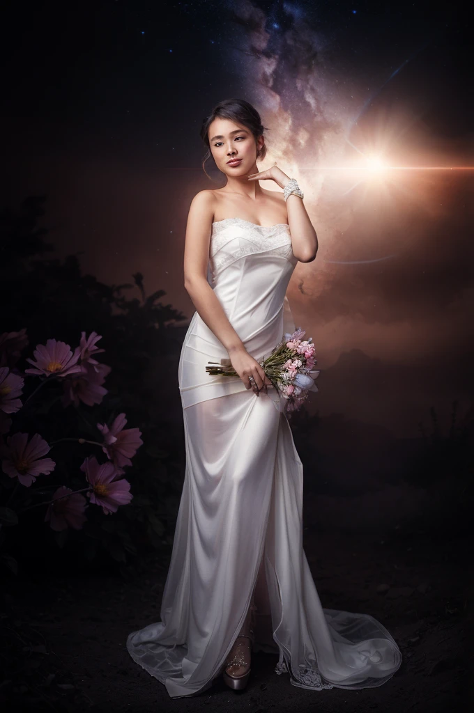 (analog photo:1.2),((dynamic pose:1.2),(dynamic camera),fantasy style, On the moon full of flowers, an young woman with long lace dress, long hair,walking happily on the flowers moon, looking to camera, The background is the space background, and Earth, stars, and other planets can be seen flying ribbons,design, lighting, photography, cute, realistic, ultra realistic, real photography, photorealistic, Photo taken on a Mamiya ARZ67 with Portra 400 film, aperture 4, shutter speed 125 stardust  concept art,, (natural colors, correct white balance, color correction, dehaze,clarity), (composition centering, conceptual photography)),(midnight hour, high quality, film grain), (natural colors, correct white balance, color correction, dehaze,clarity)