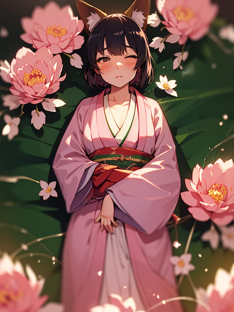 (Sumilux f1.4 50mm , low Latitude old color negative film , cross process , bokeh, flare, chromatic aberration , soft focus, (Shallow focus) , soft glow , Maximum aperture, High Key , Transparent depiction)  , kawaii anime , messy  erotica , Japanese Heian period , girl, fox ear , Maro eyebrows , kimono , Peony flowers blooming , steamy breath , passion , Drinking amazake , Drunkard , seduce , clothed , bare Collarbone , lying back on the futon , top view