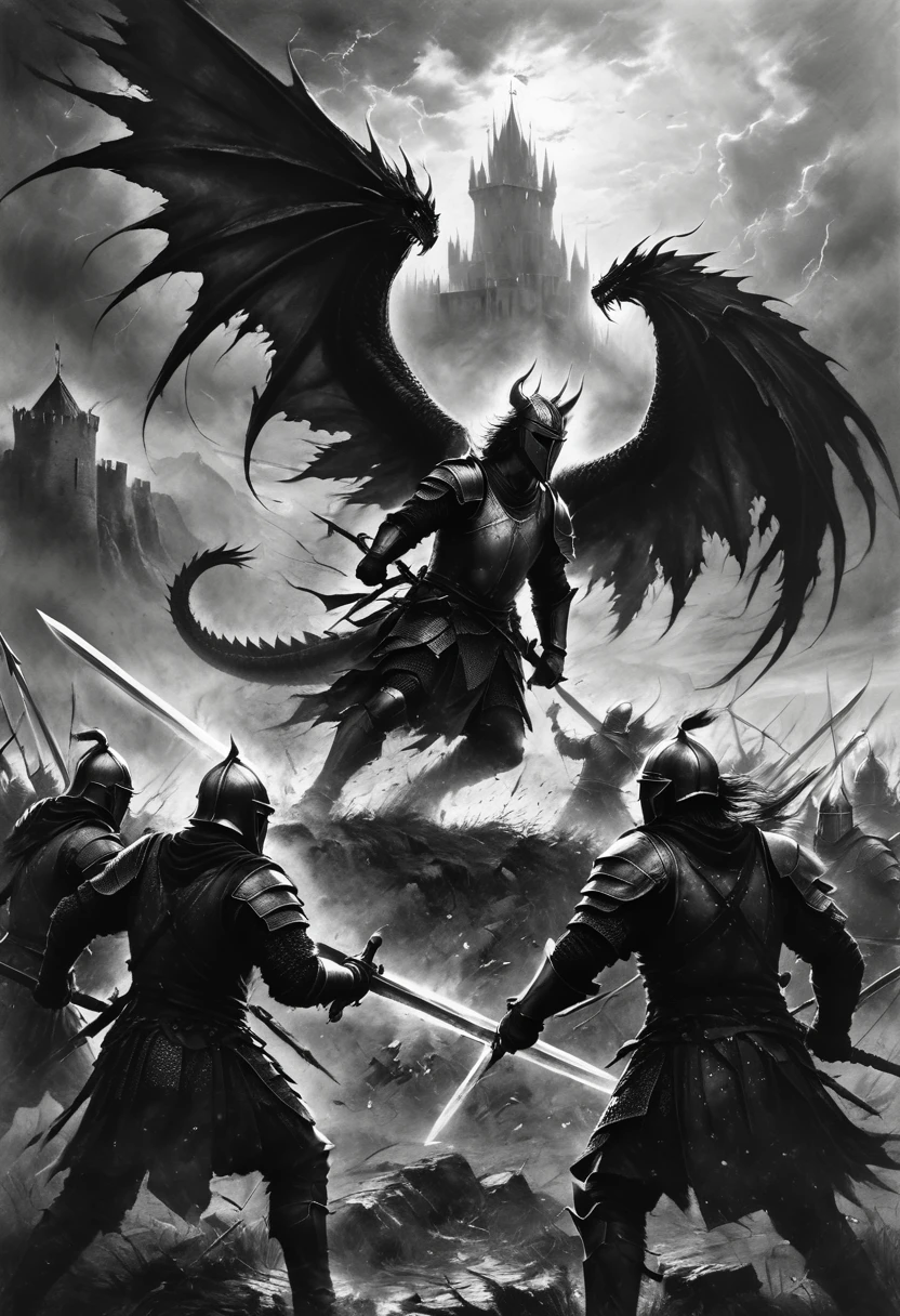 Black and white art, Pencil Sketch Drawing, Charcoal drawing, pencil drawing, line drawing, graphite drawing, masterpiece. A dramatic and dark scene set in the medieval period. A thrilling medieval battle scene in which a ferocious dragon fights a group of brave knights. The dragon, huge and powerful, with shiny scales and wide-spread wings, breathes fire onto the battlefield. Knights, clad in shining armor, wield swords and shields as they bravely attempt to repel the beast. The landscape is bleak, with a castle in the background and a dark, stormy sky overhead. The scene is filled with dynamic action: flames, sparks and the clash of weapons create the feeling of an epic confrontation, art by Andrey Atroshenko, art by Tanya Shatseva, Antonio Mora, Benedikta Bana