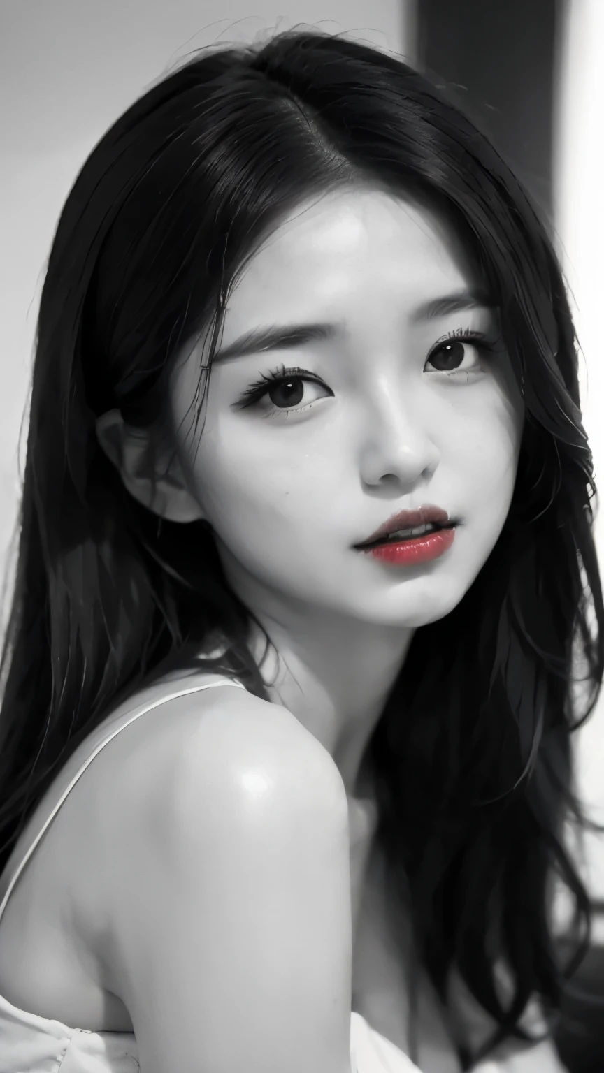 (((black and white art:1.2、black and white photography、RAW photos、film grain)))、Beautiful woman、small nose、((plump lips、red attractive lips:1.3))、attractive hairstyle、dress、best quality、high resolution、high resolution、movie lights、black and white photography、professional photographer