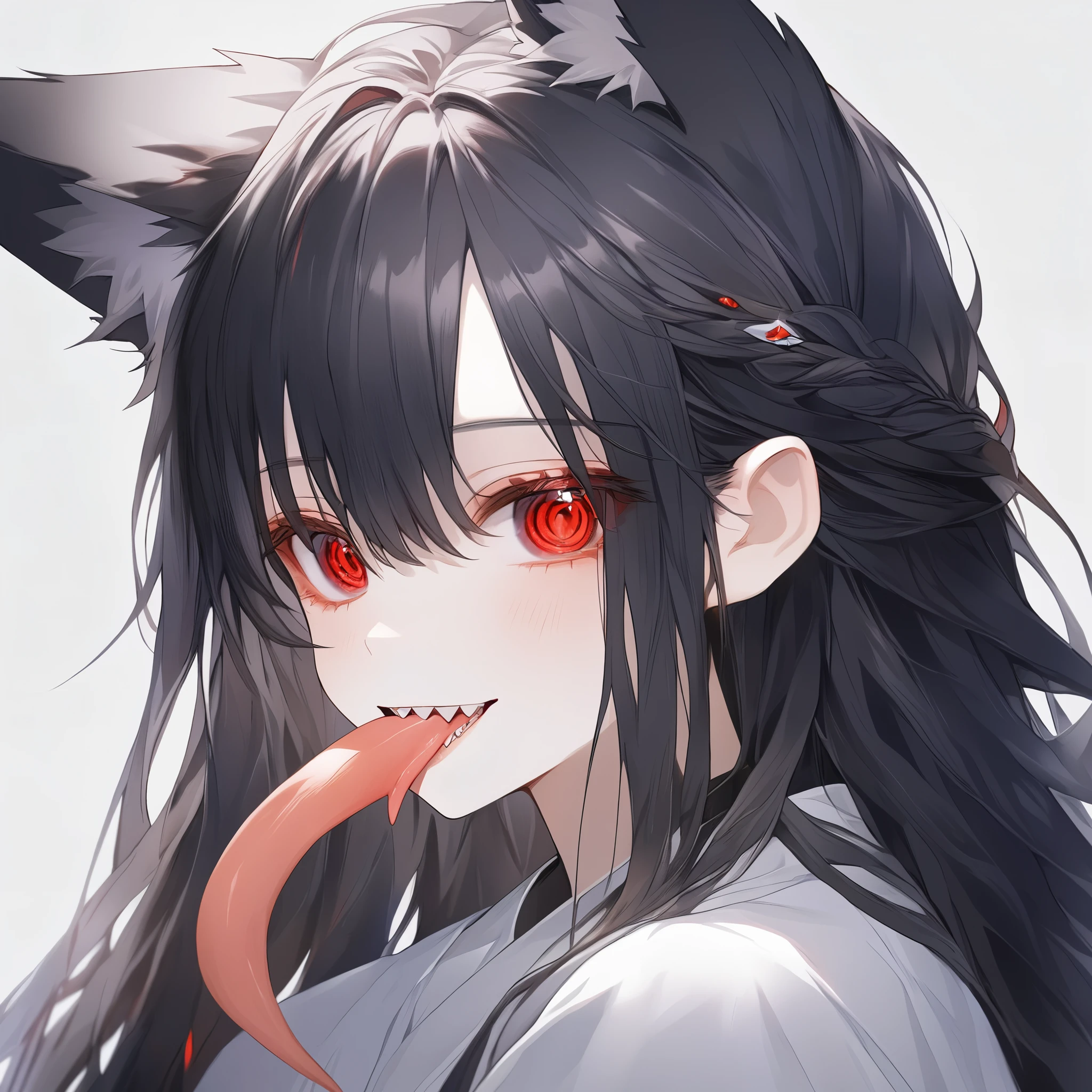 Animal ears、Long Hair、Fox ears、girl、Black Hair、Red eyes、Tongue out、Face only、Zoom in、1 person、Jagged teeth、Long tongue、Hair in the eyes、I can see your eyes through the gaps in your hair、dark、His eyes are shining