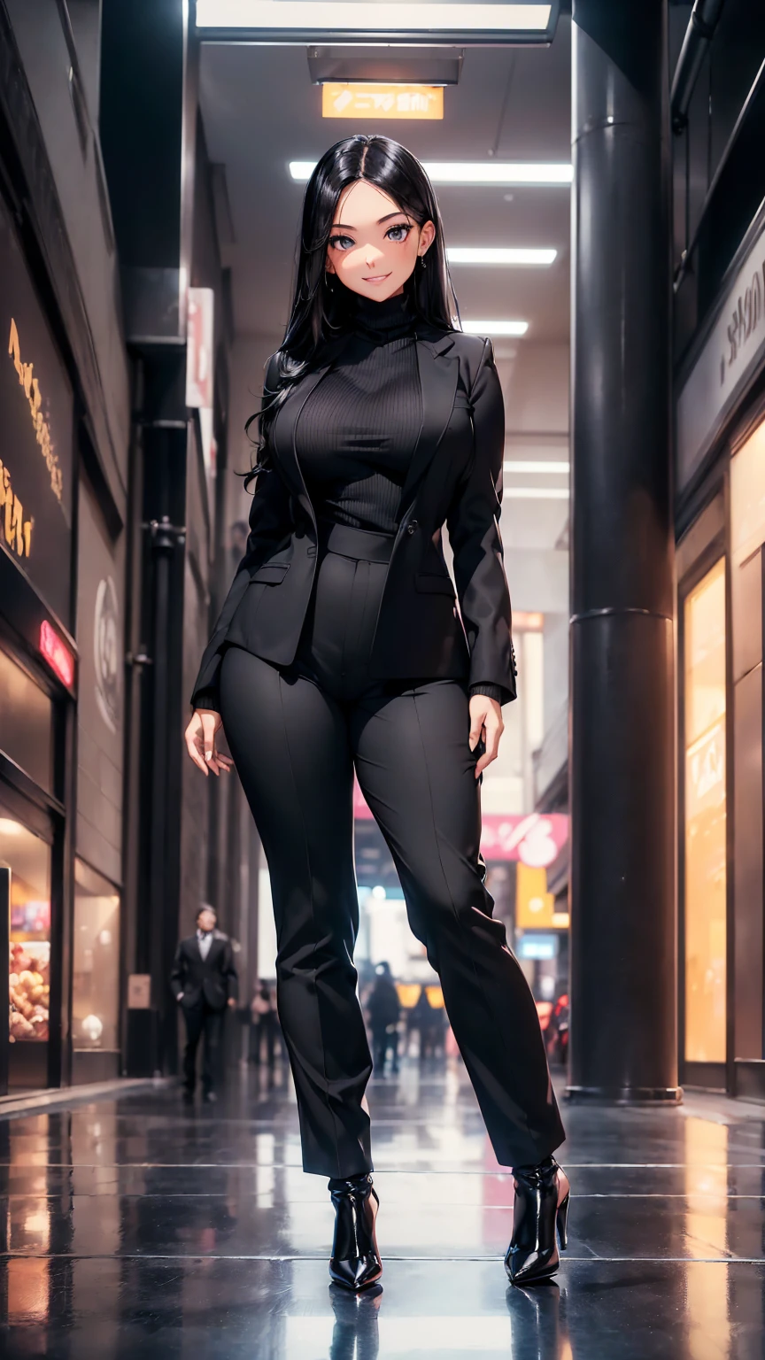 A tall, muscular woman with long black hair and a large chest. She is wearing a tight black dress and heels.