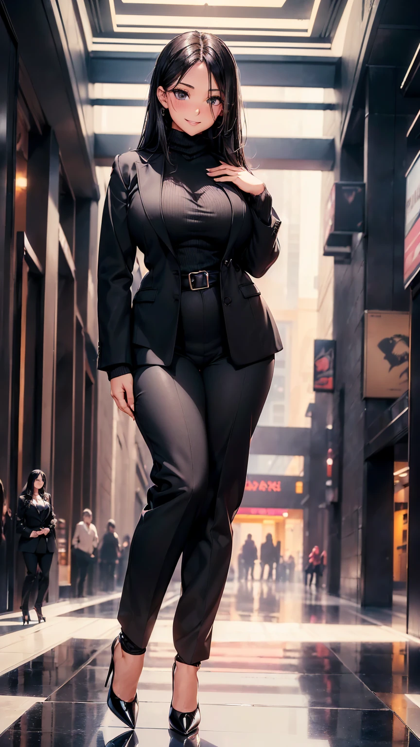 a girl, curvy body, beautiful face, beautiful eyes, ((long straight black hair, black eyes)), smiling, blushing, standing, ((black turtleneck sweater, black long pants, black blazer, high heels shoes, black socks)), mall indoor background, perfect hands, perfect fingers, high quality picture, high resolution, very detailed, 8k resolution