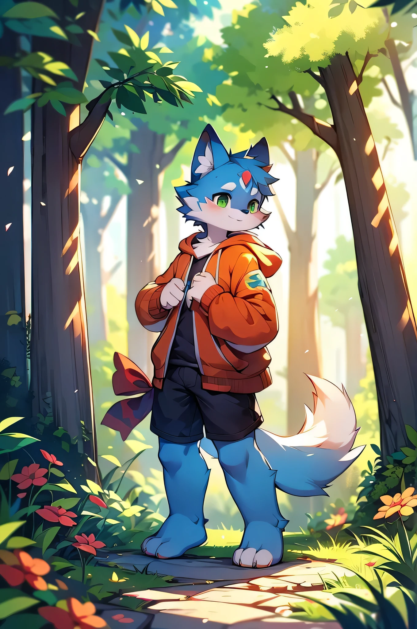 Furry,Fox,boy,8k resolution,最High resolution, High resolution,Wearing a hoodie,Green Eyes,summer,Stand on your feet,Two legs,Five fingers on a hand,Five toes,tall,:tall stature,fit,medium,Standard,