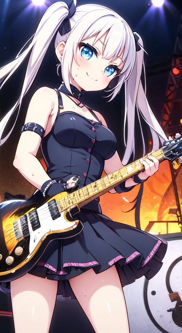 Highest quality,masterpiece,THE ALFEE,Toshihiko Takamizawa model,Twin neck guitar,Playing electric guitar,１People Girls,cute,Twin tails,Light blue eyes,Anime Style,Large Breasts,Lolita,In the spotlight,On stage,enjoy,smile,Sweat,