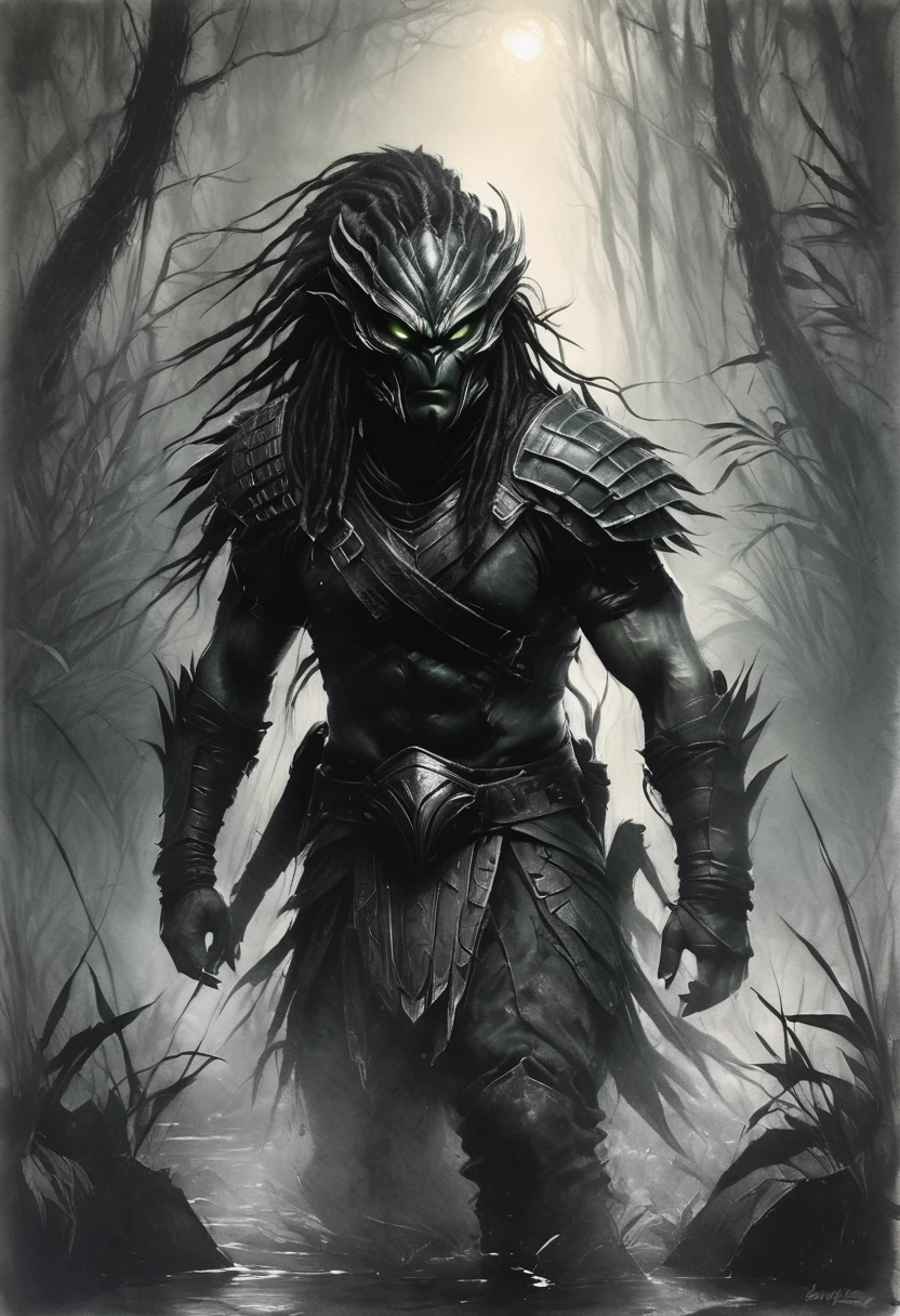 Black and white art, Pencil Sketch Drawing, Charcoal drawing, graphite drawing, toned paper, raw charcoal sketch on old paper. A very detailed and atmospheric illustration of an alien warrior, similar to a Predator, stalking in a dark, foggy forest. The character has a menacing appearance, he has dreadlocked hair, sharp fangs, and is equipped with armor and double blades. The action takes place in a swampy area where the water reflects the image of an alien, surrounded by dark, twisted vegetation. The lighting is moody, with shades of green and blue, creating a tense and eerie atmosphere, art by Andrey Atroshenko, art by Tanya Shatseva, Antonio Mora, Benedikta Bana