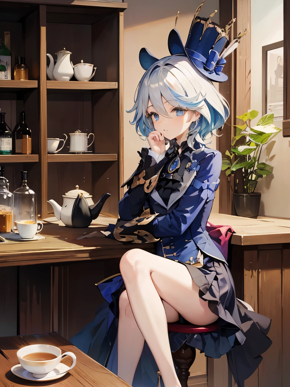 Sitting in a chair、Crossing your legs、Drinking tea、One eye open、Looking at this、tall、Blue Top Hat、bar counter、profile、High angle、Tea cup、Teapot、tea time、Wooden room、Face only、Sigh、2 arms、2 legs
