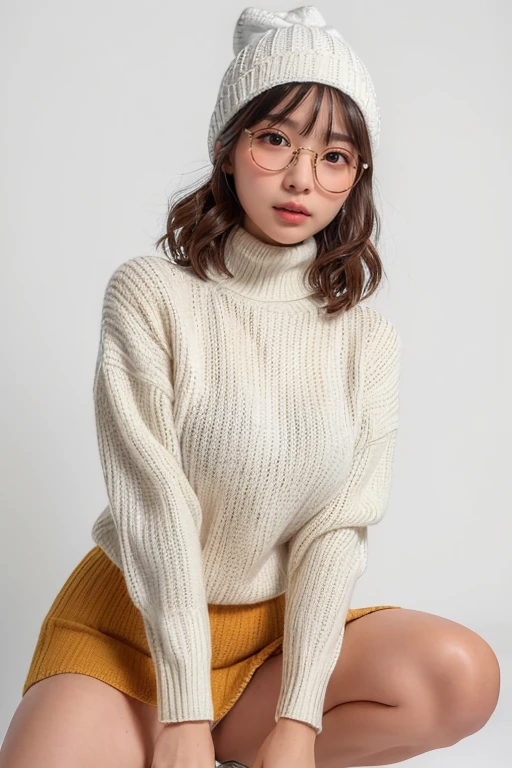 (Highest quality, High resolution, masterpiece :1.3), Beautiful adult woman, ((Pure white background)), (Wearing a large mustard-colored sweater, turtleneck, Wear a miniskirt, Wear sneakers, Wear a knitted hat, Round Glasses), (Loosely wavy white bob hair), ((Accurately expresses the fine details of the face and skin texture)), Crouching pose, avert your eyes,