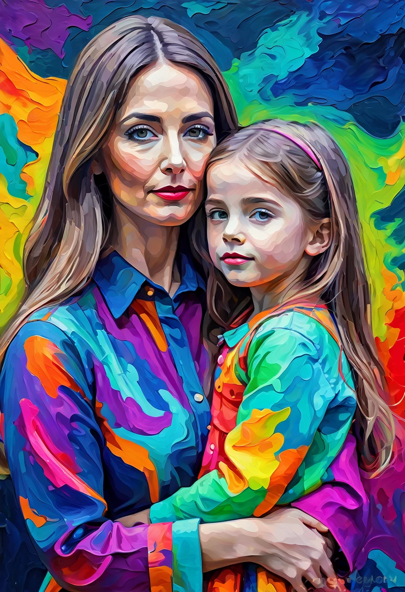 a high quality professional photo of a "top secret" scene featuring a "mother & daughter," in a "fauvist style," hyper-detailed, 8k resolution, secret mission, vibrant colors, abstract art, mysterious, hidden identities, hidden in plain sight, textured brush strokes, emotional bond, fine art photography, vivid, avant-garde.