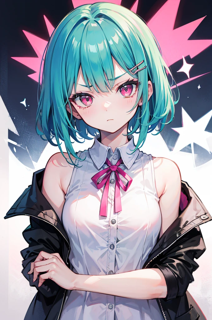 portrait, turquoise bob, hairpin, small_breasts, tsundere, a cute girl, Grumpy, pink eyes, sleeveless shirt, , Cardigan, Right arm wrapped in bandages