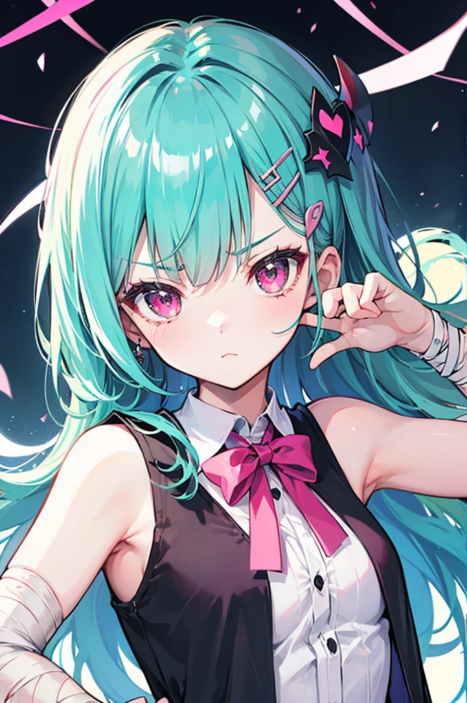 portrait, turquoise bob, hairpin, small_breasts, tsundere, a cute girl, Grumpy, pink eyes, sleeveless shirt, , Cardigan, Right arm wrapped in bandages