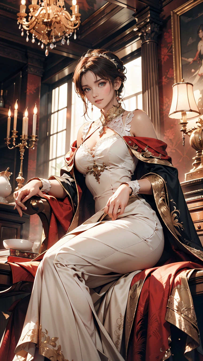 Classical 19th century portrait of a woman。A woman in a Victorian dress is sitting elegantly。The background is a luxurious room with a shining chandelier。The soft light gently illuminates the woman's face、24-year-old woman、Sexy proportionature female body、Sexy proportionakeup、Lips with red lipstick、Textured skin((textured skin))、smile、Narrow waist