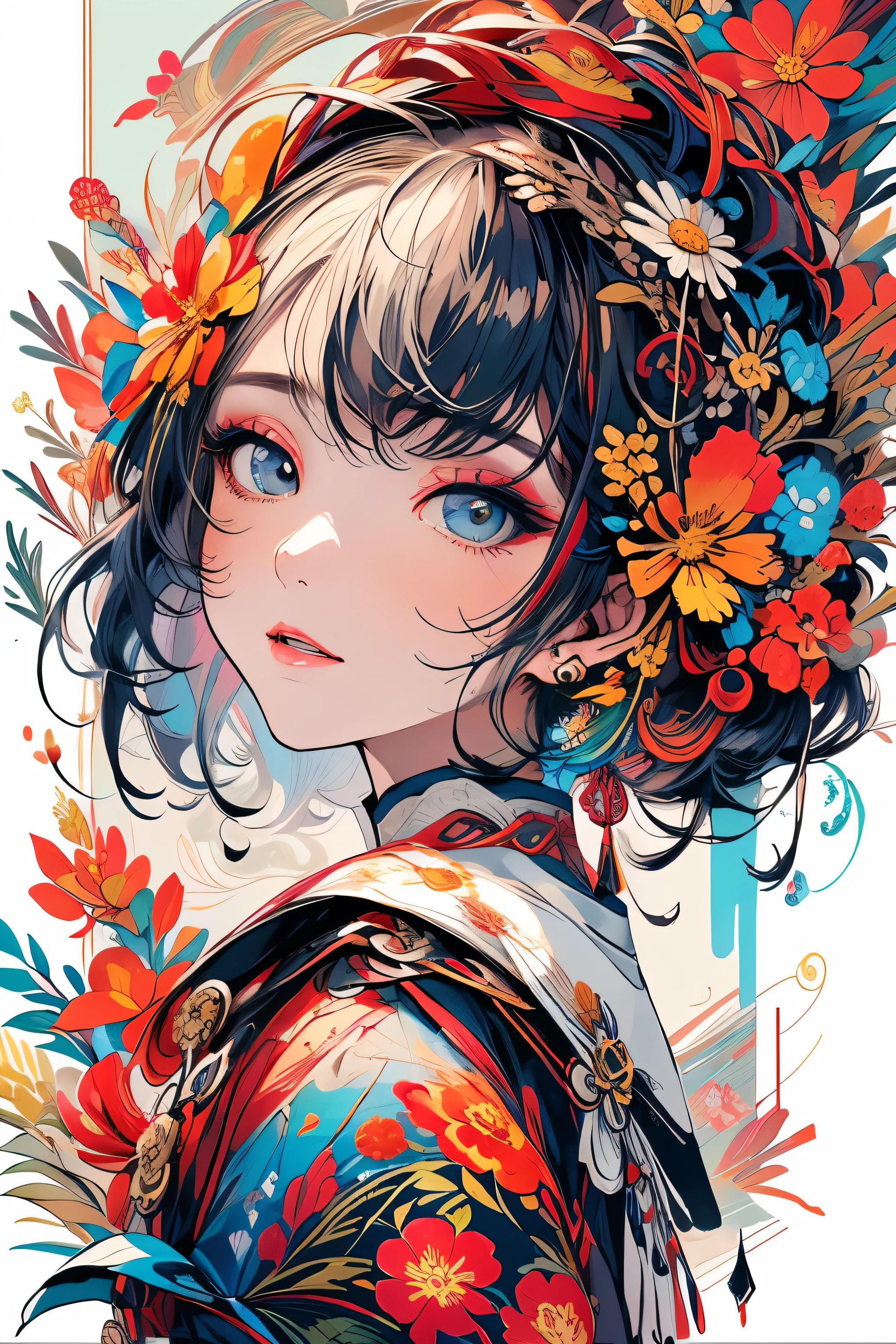 (masterpiece、Top quality、Top quality、Official Art、Beautiful and generous:1.4)、Painterly、sketch、texture、Ultra-high resolution、solo、Beautiful woman、Very detailed、(Fractal Art:1.1)、(Colorful:1.1)(Floral scent:1.6)、The most detailed、(tangled:1.2)、(Dynamic poses)、(Blue Background:1.3)、(Smooth skin)、(Many colors:0.8)、(earrings:1.4)、(feather:0.9)、Taisho Romance