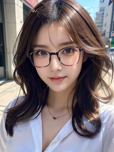 ((Best image quality, 8k, masterpiece: 1.3)), Selfie, Sharp focus: 1.2, Cute beauty with perfect figure: 1.4, slim, ((Brown Hair Black)) , (,Highly detailed face,Happy expression,Stand on your own two feet:1.2),((Blue Sky City 1.3. Mainly produced by women)),Highly detailed faceと肌の質感,Detailed eyes,double eyelid,Delicate skin,Real Skin,Black-rimmed square glasses,Jeans and an oversized white shirt,necklace,Wavy Hair
