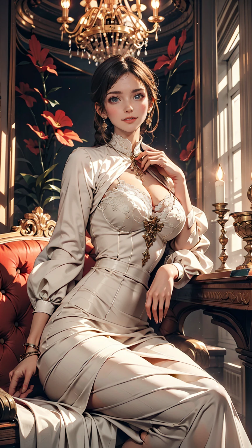 Classical 19th century portrait of a woman。A woman in a Victorian dress is sitting elegantly。The background is a luxurious room with a shining chandelier。The soft light gently illuminates the woman's face、24-year-old woman、Sexy proportionature female body、Sexy proportionakeup、Lips with red lipstick、Textured skin((textured skin))、smile、Narrow waist