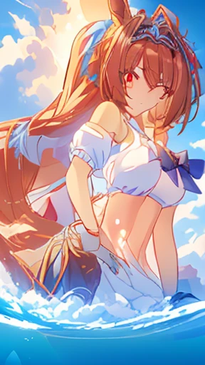 (((masterpiece, Highest quality, High resolution, 超High resolution, Pixel Perfect, Written boundary depth, 4K, RTTX 10.0, High resolution))), One Girl, smile, Very large breasts, Brown Hair, Long Hair, Twin tails, (Red eyes:1), clavicle, White Bikini, belly button, Side tie bikini, (sexy), Beach, Ocean, blue sky, Show Viewer, {{Very delicate and beautiful}}, Highly detailed CG Unity 8K wallpapers, (Shiny Hair:1.2), (Glowing Skin:1.5),