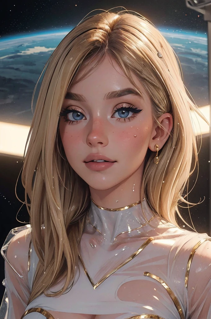 ((((masterpiece, best quality, high resolution)))), Extremely detailed 8K, Beautiful girl with slender body, e-girl, (Ultra HD, Ultra-detailed, Highly detailed, Highly realistic, Ultra-realistic, photograph realistic), (1girl:1.5), (Realistic blonde hair with dark roots), wavy hair, boho bob cut,(dark makeup, pink eyeshadow), facing at camera, light smile, (white and gold outfit, see through clothes, wet skin, transparent). (space cruise), naughty face, suggestive expression, innuendo
