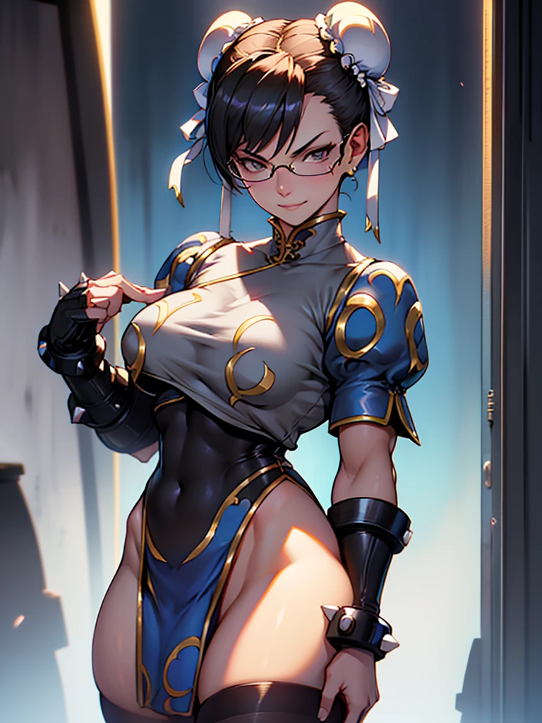 solo, masterpiece, best quality, agrias, grey sweater, black leotard, standing, looking at viewer, short hair,oculos,evil smile, evil look, chun li,luvas preta,roupa azul,yandere rosto

