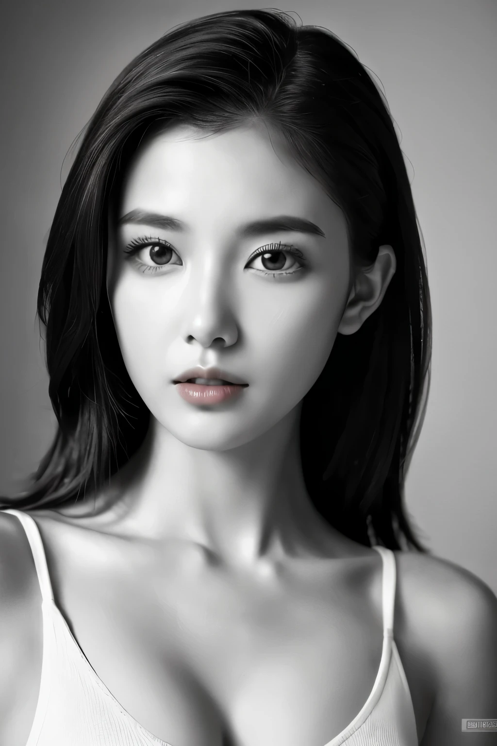 8K wallpapers, best quality, masterpiece, realistic, photoreal, very detailed, good shape , Model style, RAW photo of a 29-year-old woman, (((black and white photography))), 1 girl, ((facing the front)), upper body photo, ((pale scarlet lips)), detailed collarbone, perfect face, straight hair, very detailed, film grain, 超realistic, ultra realistic texture