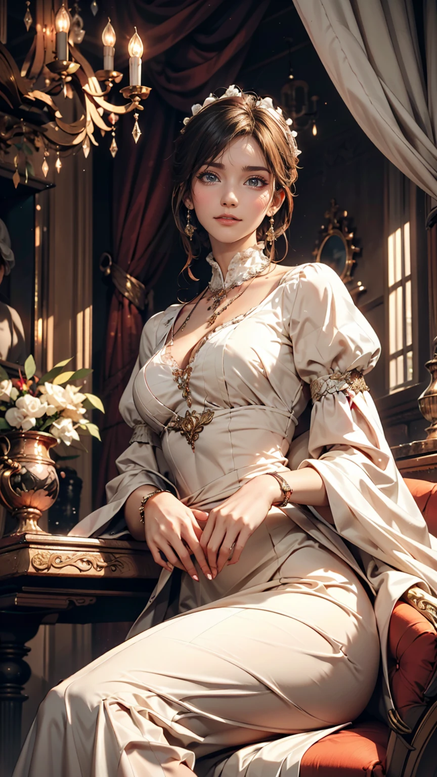 Classical 19th century portrait of a woman。A woman in a Victorian dress is sitting elegantly。The background is a luxurious room with a shining chandelier。The soft light gently illuminates the woman&#39;s face、24-year-old woman、Sexy proportionature female body、Sexy proportionakeup、Lips with red lipstick、Textured skin((textured skin))、smile、Narrow waist