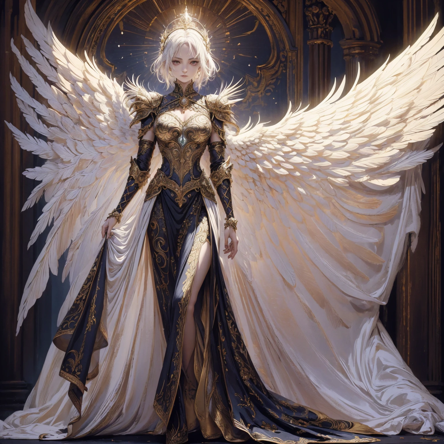 Art of elderly mature woman wearing sun crown, Wearing ornate breastplate that exposes a small amount of skin above the chest, A pair of armored angelic wings spreading out behind the woman and the wings have extremely long size feather that even taller than the woman's body, Ancient goddess art, Sacredness. Very detailed, Mysterious inspiration, Inspiration from the Sun God, Religious inspiration, Cold and snobbish face, No smile, Dangerous impersonal expressions, White hair, Standing, Full body portrait, Gothic art style, Weird art style, Occult art