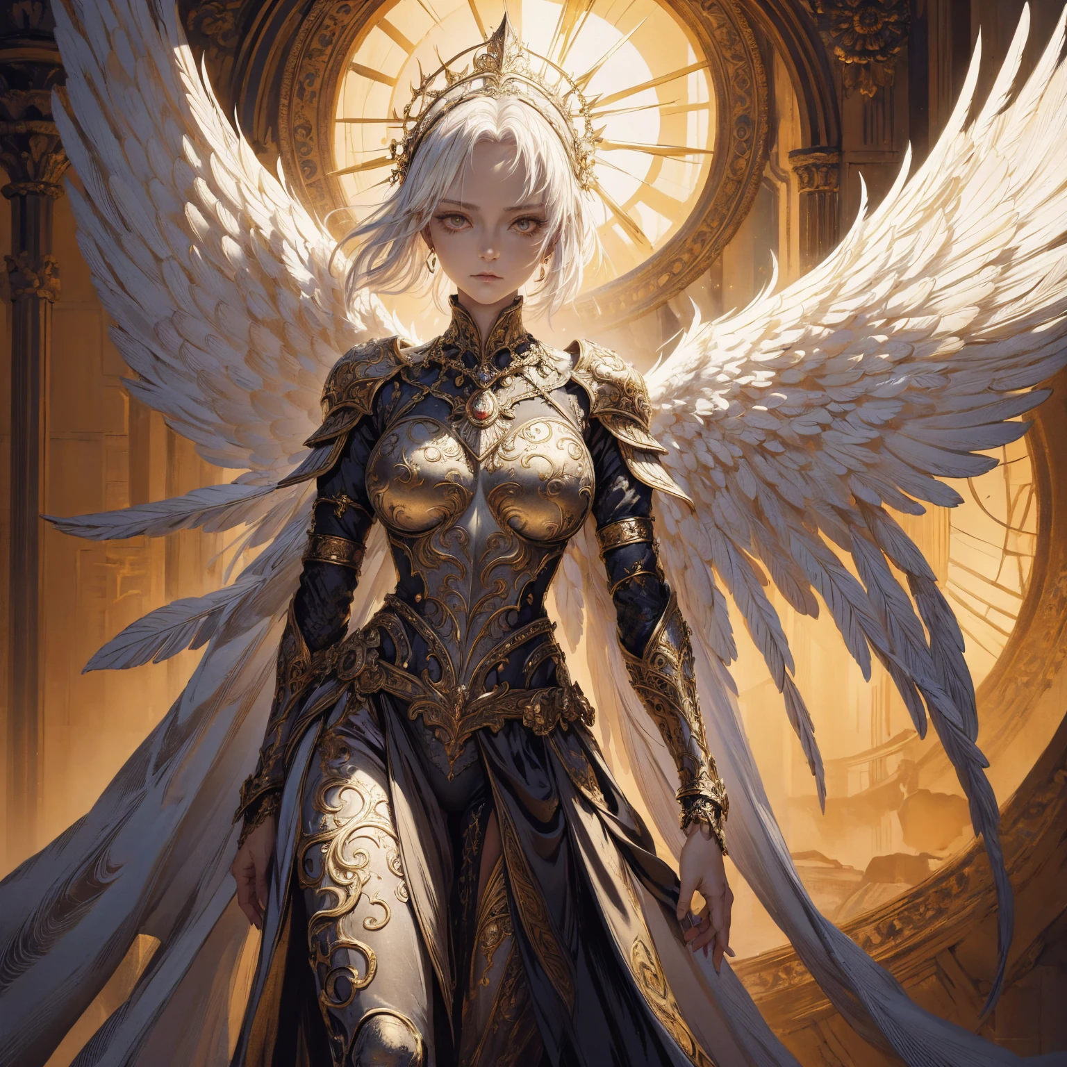 Art of elderly mature woman wearing sun crown, Wearing ornate breastplate that exposes a small amount of skin above the chest, A pair of armored angelic wings spreading out behind the woman and the wings have extremely long size feather that even taller than the woman's body, Ancient goddess art, Sacredness. Very detailed, Mysterious inspiration, Inspiration from the Sun God, Religious inspiration, Cold and snobbish face, No smile, Dangerous impersonal expressions, White hair, Standing, Full body portrait, Gothic art style, Weird art style, Occult art
