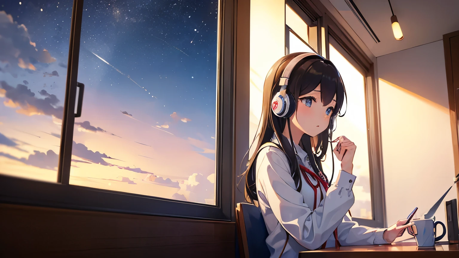 Beautiful girl studying at the window seat。Wearing headphones。Outside the window is a night town。