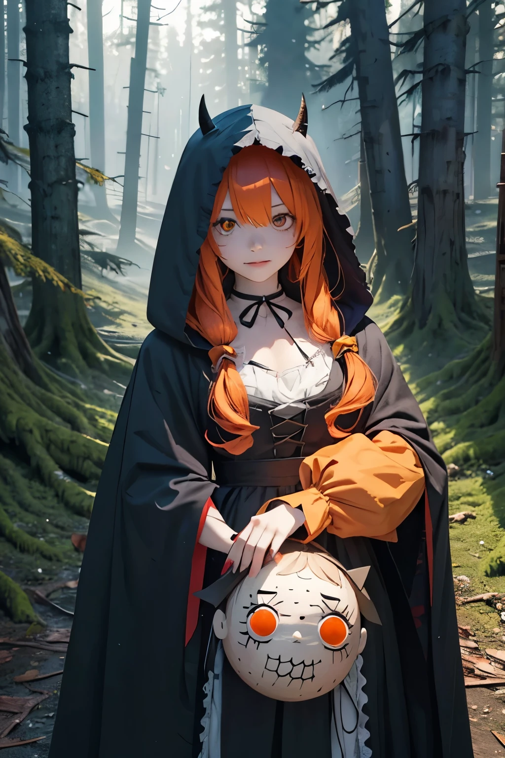 Photorealistic、Cute horror fantasy、ちび女の子doll(Devil Cosplay、Wicked Smile、Sagging under the eyes、Long eyebrows、Long nails、Orange eyes、Wear a long, big cloak) BREAK ,background(dollの周りに音符, (dead tree:1.3), in the forest,shadow the cardboard\(Bat,doll,Crow\)\)