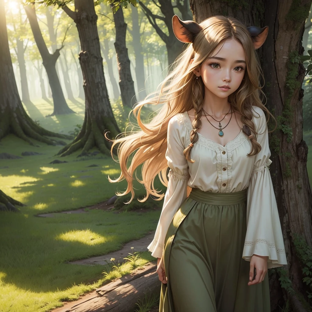 Appearance
1. Face and Hair:
• Face: Gentle, soft features with a calm and serene expression.
• Hair: Long, wavy hair in a natural brown or earthy tone, giving a relaxed and natural look.
2. Ears and Horns:
• Ears: Human ears with cow-inspired ear accessories or small cow ears.
• Horns: Small, cute cow horns on her head, blending naturally with her hair.
3. eyes:
• Color: Soft green. Large and gentle, conveying a sense of tranquility.
Outfit
1. Top:
• Design: Floral patterned blouse or tunic made of soft fabric, inspired by nature.
2. Bottoms:
• Color: Earth-tone long skirt, comfortable and natural style.
3. Footwear:
• Design: Simple, comfortable sandals made from natural materials.
4. Accessories:
• Cow-themed accessories such as a necklace or bracelet featuring small horns or tails, adding a subtle symbolic touch.
Background and Situation
• Background: A lush green meadow or forest. Sunlight filters through the trees, creating a serene atmosphere, surrounded by flowers and trees.
• Situation: The character is in a relaxed pose, interacting with small animals or butterflies, highlighting her gentle and serene nature.
Illustration Effects
• Light Effects: Utilize natural light to create soft shadows and highlights. Emphasize a warm overall tone.
• Movement: Portray the character playing with small animals or butterflies. Show natural movement in her hair and clothes as they sway gently, emphasizing harmony with nature.
• Color Contrast: Use soft earth tones and natural greens and browns to make the character stand out in the natural background.
• Texture: Realistically depict the textures of fabrics and vegetation. Highlight the natural elements to enhance the relaxed atmosphere. Concept Art、A scene from the story、Vivid、Detailed、Highest quality、masterpiece、Cowboy Shot、Colorful sunlight、Close enough to see your face clearly