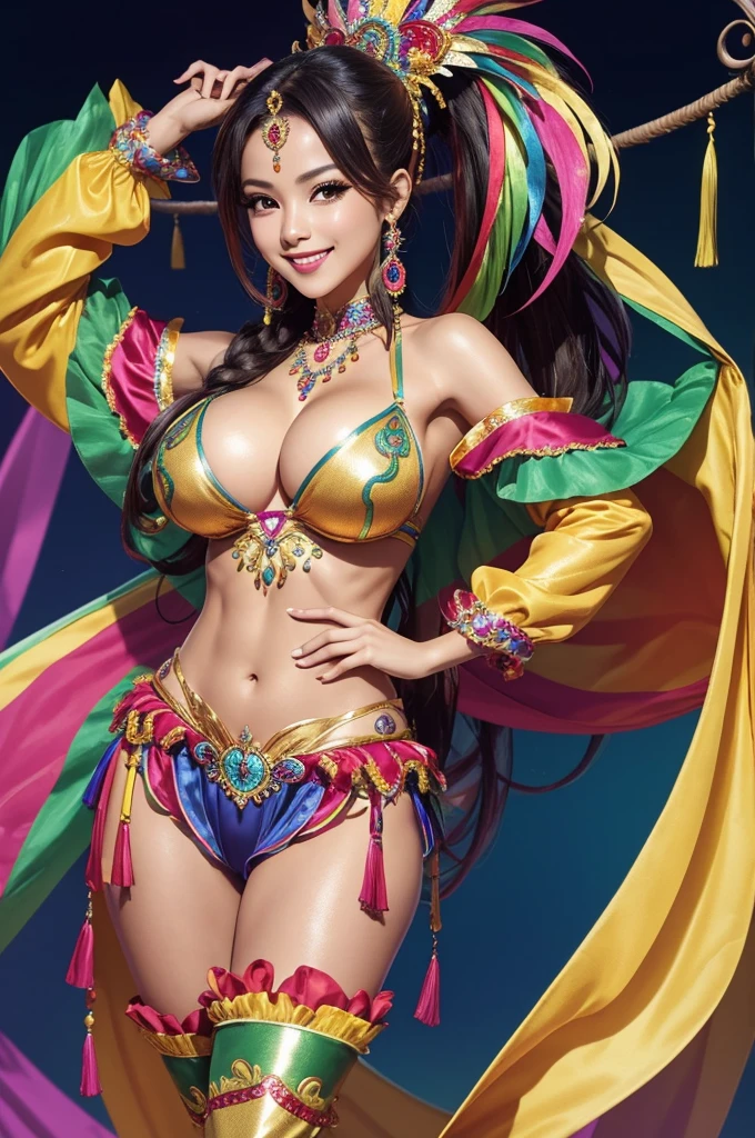 Carnival Costumes、Samba Costume、Fancy costumes、Gorgeous costumes、Colorful costumes、y Costumes、Exposed clothing、Carnival background、Samba background、Fancy Background、Luxury Background、Colorful background、smile、Long Hair、ponytail、Abdominal muscles、Sweat、Biggh leg、Fantastic Background、Hair extensions、Hands on hips、