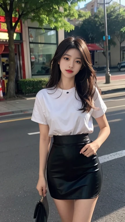 1 Girl,roadside,Soft Light,Chinese Beauty,tight skirt,Dark-haired