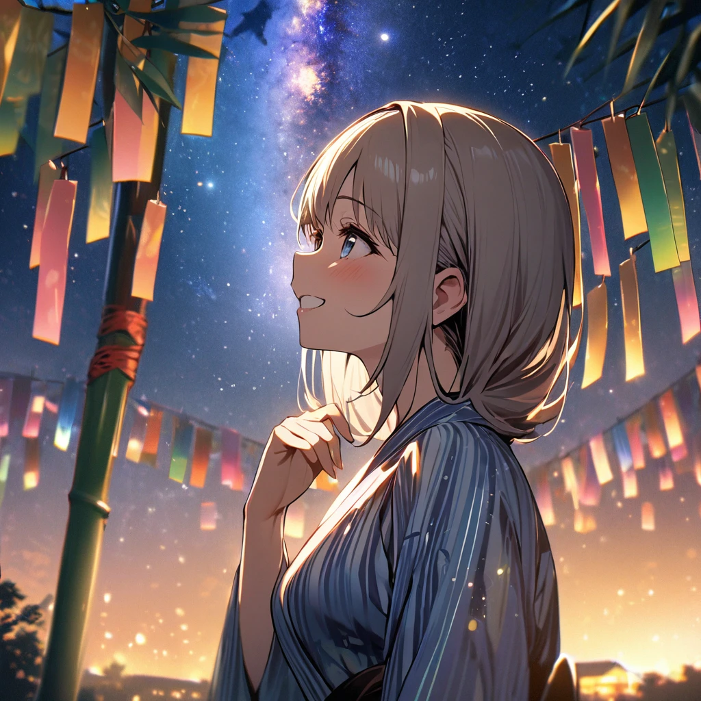 Highest quality, masterpiece, Hikoboshi and Orihime, The best smile, Look up at the sky, yukata, milky way, Night view, Tanabata Festival, Large bamboo and colorful hanging ornaments,Golden light particle effect