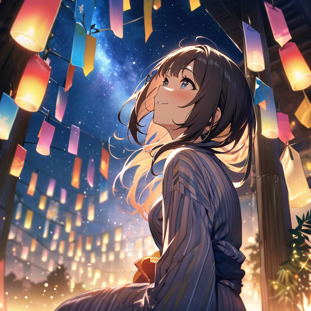 Highest quality, masterpiece, Hikoboshi and Orihime, The best smile, Look up at the sky, yukata, milky way, Night view, Tanabata Festival, Large bamboo and colorful hanging ornaments,Golden light particle effect
