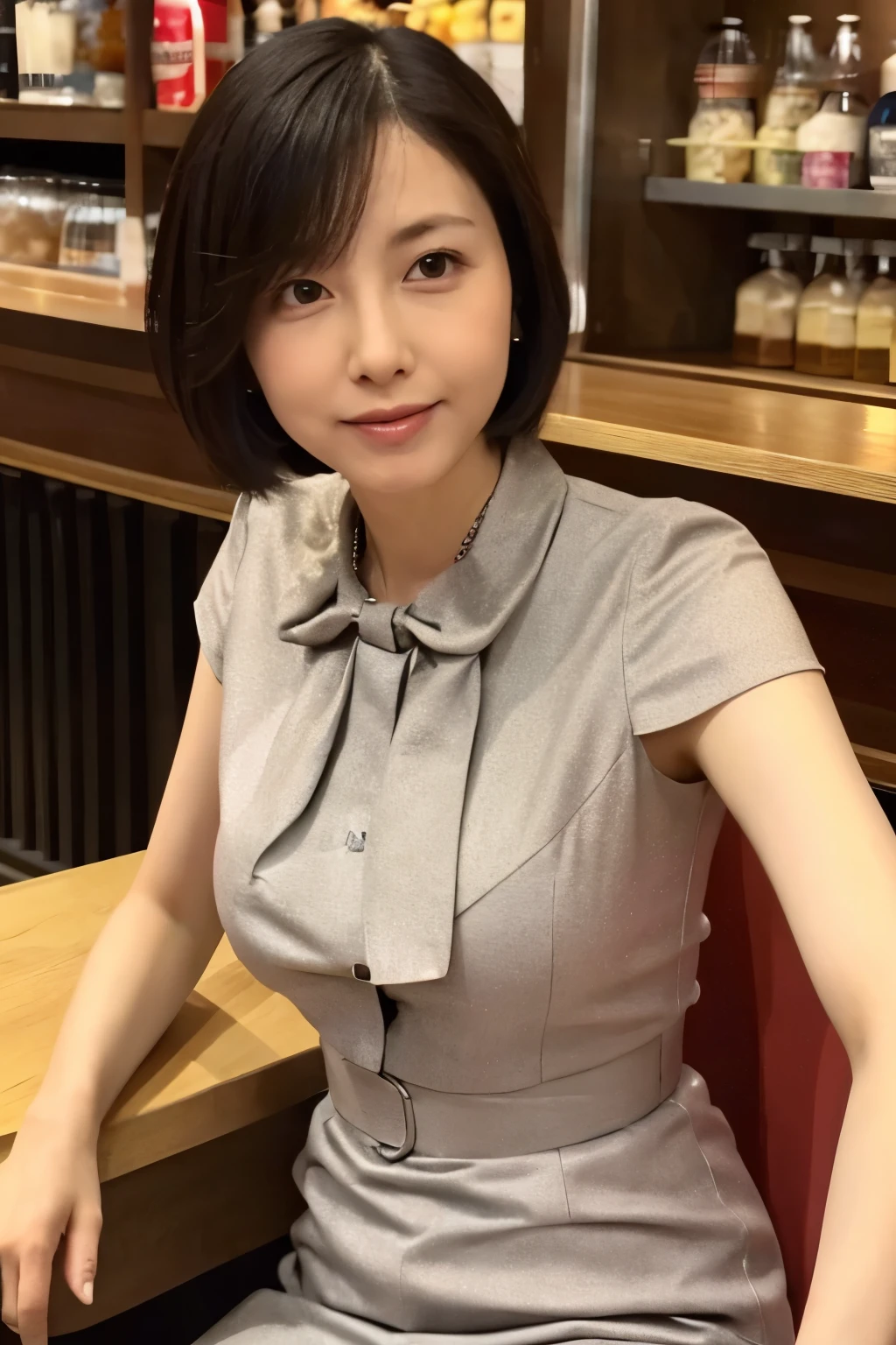 A skinny 40s Japanese wife, (short hair), (very small breasts), small face, detailed face, detailed eyes, detailed lips, detailed legs, blouse, tight skirt, sitting on restaurant, selfie
