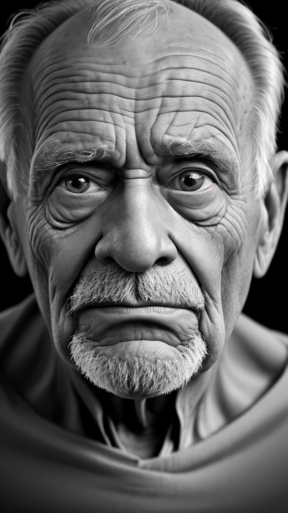 Face of an old man, expression wrinkles, nice black image background, realisitic
