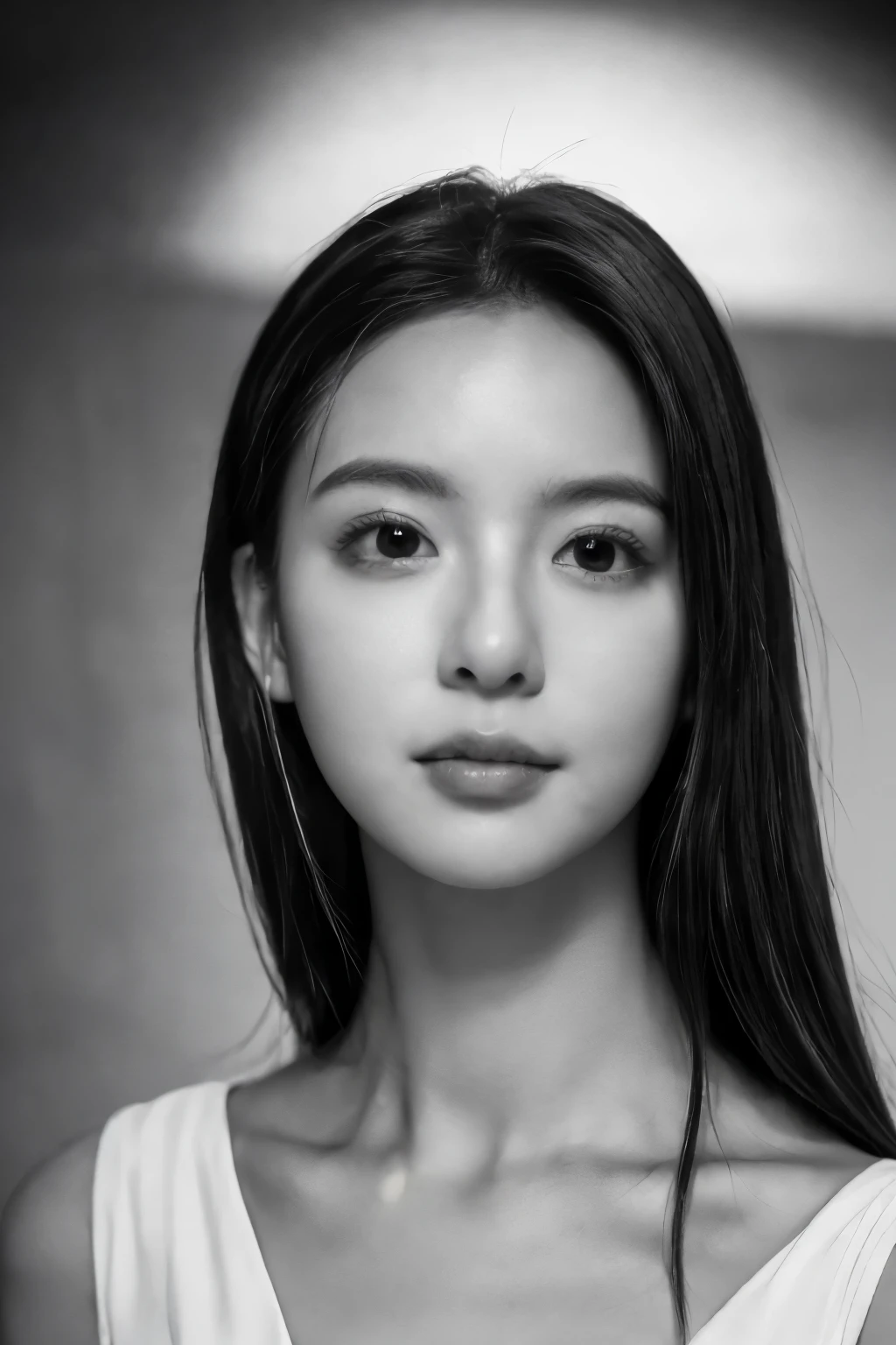 masterpiece, best quality, realistic, very detailed, in detail, high resolution, 8K wallpapers, professional, high level of detail, ((black and white photography)), 1 girl, ((facing the front)), ((Vermilion lips)), detailed collarbone, your face is perfect, straight hair