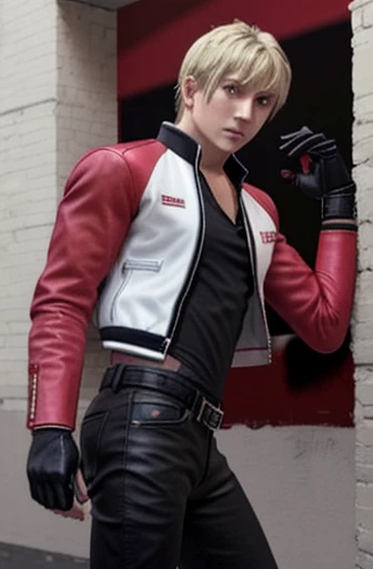 Rock Howard, Red jacket, Black Shirt, shoes, Fingerless gloves, Black trousers, belt, beautiful, masterpiece, Highest quality, One boy, station, From the side, Pee,Having an erection,Embarrassing
