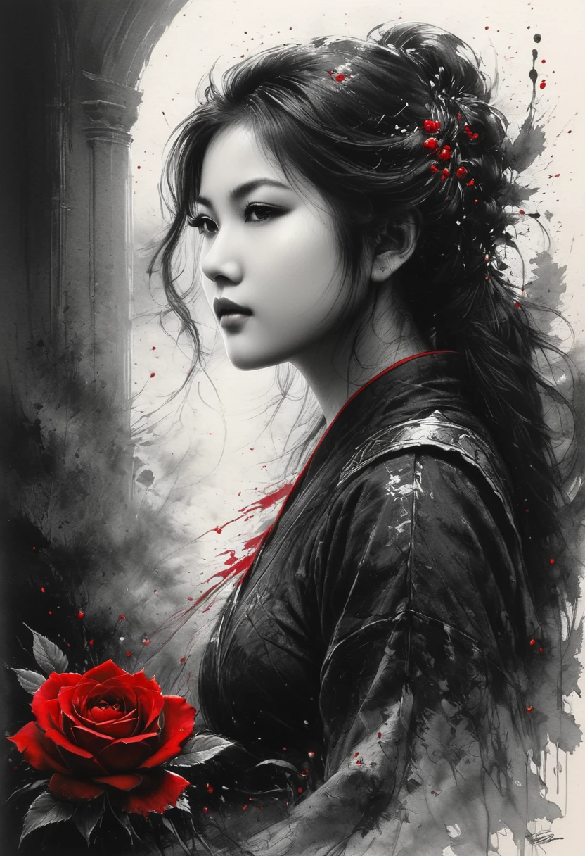 Black and white art, Pencil Sketch Drawing, Charcoal drawing, pencil drawing, line drawing, graphite drawing, toned paper, masterpiece, bicolor, ink splatter, samirai girl, sakura rose\(flower\), red blood, Japanese ink, splash, intricate details, volumetric lighting, cinematic, detailed, realistic, art by Andrey Atroshenko, art by Tanya Shatseva, Antonio Mora, Benedicta Bana