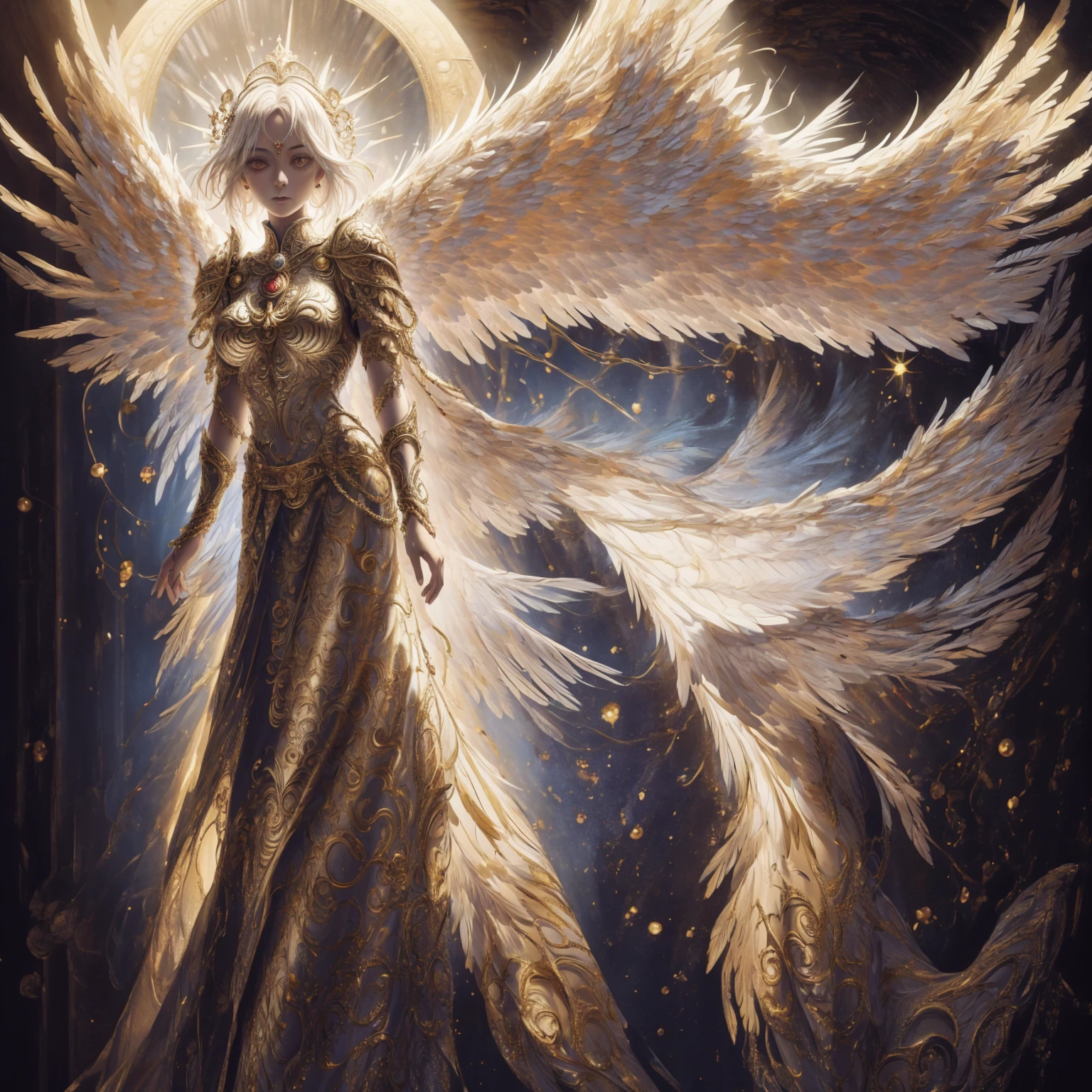Art of elderly woman wearing sun crown, wearing ornate breastplate that shows a little skin above the chest, two huge symmetrical angelic wings spread out from the woman's back, ancient goddess art, Sacredness. Very detailed, Mysterious inspiration, Inspiration from the Sun God, Religious inspiration, Cold and snobbish face, Dangerous impersonal expressions, White hair, Standing, Full body portrait, Gothic art style, Weird art style, Occult art
