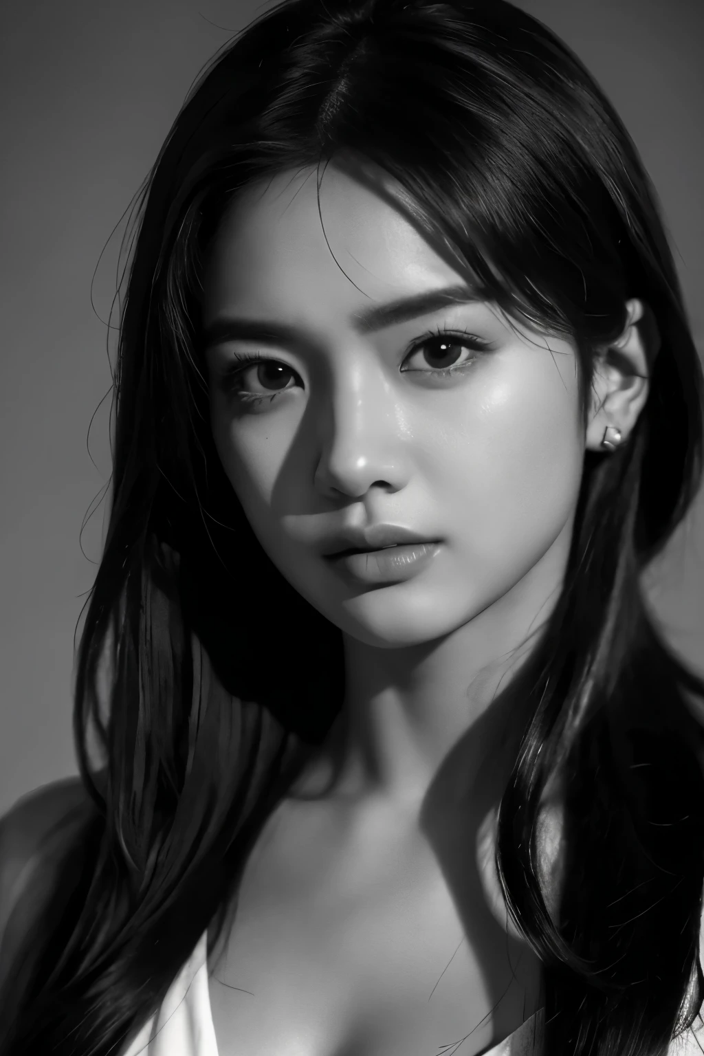 8k, best quality, ultra detail, portrait, mummy, Asian European, dramatic lighting, intense gaze, black and white, high contrast