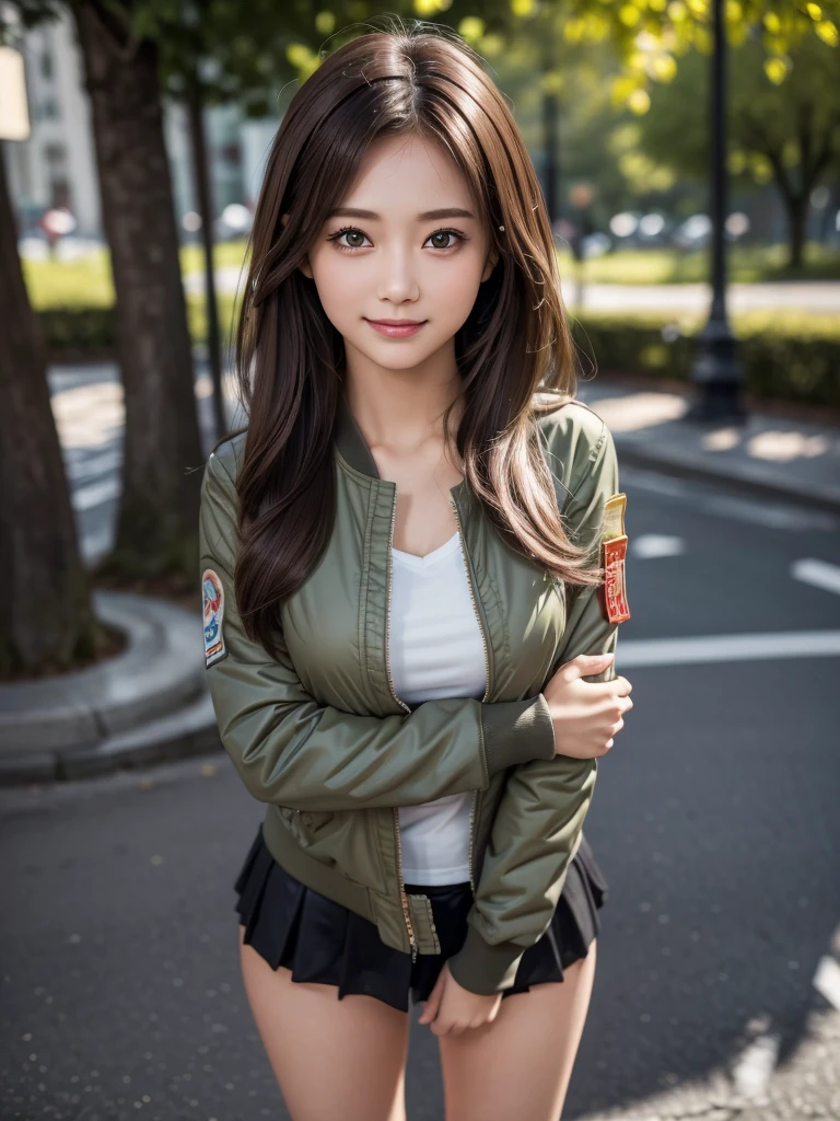 (8k, RAW Photos, Highest quality, masterpiece:1.2), (Realistic, photo-Realistic:1.4), (Highly detailed 8K wallpapers), ((Full Body Shot)), (1 girl), Sharp focus, Depth of written boundary, Cinematic lighting, Soft Light, 緻密な美しさのeye, eye_Chan, Very beautiful 17 year old girl, innocent big eyes, Realistic, photo Realistic, Highly detailed cute girl, (Thin thighs), (Model body type), 18-year-old, ((Khaki flight jacket)), (T-Shirts), (Black color micro mini tight skirt), (((Fold your arms in front of your chest and act arrogantly))), ((A happy smile)), Parted lips, Watching the audience, (On the streets of Tokyo) , (Brown Hair),（Semi-long hair)