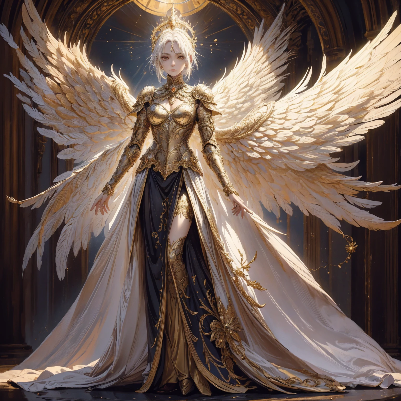 Art of elderly mature woman wearing sun crown, Wearing ornate golden breastplate that exposes a small amount of skin above the chest, A pair of armored angelic wings spreading out behind the woman and the wings have extremely long size feather that even taller than the woman's body, Ancient goddess art, Sacredness. Very detailed, Mysterious inspiration, Inspiration from the Sun God, Religious inspiration, Cold and snobbish face, No smile, Dangerous impersonal expressions, White hair, Standing, Full body portrait, Gothic art style, Weird art style, Occult art