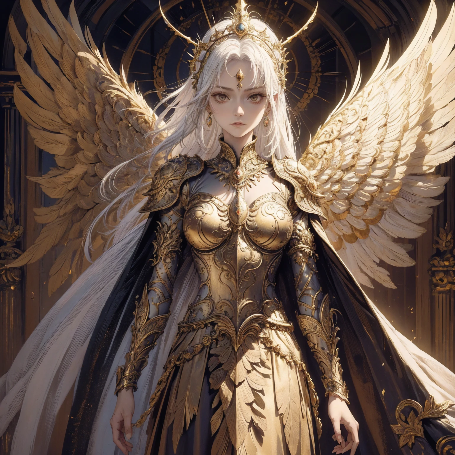 Art of elderly mature woman wearing sun crown, Wearing ornate golden breastplate that exposes a small amount of skin above the chest, A pair of armored angelic wings spreading out behind the woman and the wings have extremely long size feather that even taller than the woman's body, Ancient goddess art, Sacredness. Very detailed, Mysterious inspiration, Inspiration from the Sun God, Religious inspiration, Cold and snobbish face, No smile, Dangerous impersonal expressions, White hair, Standing, Full body portrait, Gothic art style, Weird art style, Occult art