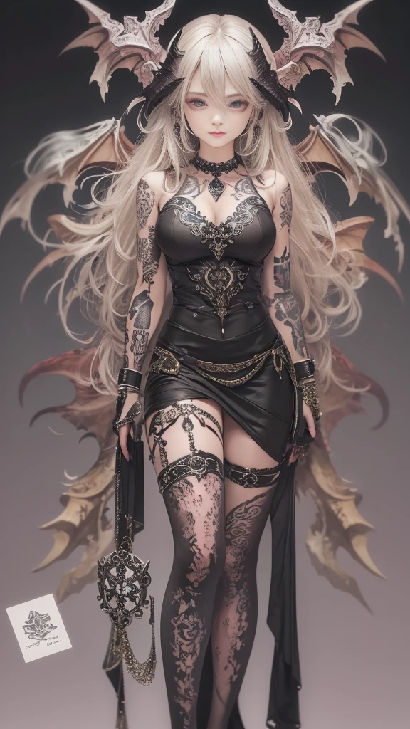 (32K:1.5, Dark fantasy:1.5, Horror portrait:1.3, Highest quality, masterpiece, Ultra-high resolution), Perfect dynamic composition:1.3, chaos, darkness, Dark Demon World:1.3, (Detailed tattoos on the whole body:1.5, wearing exquisite jewelry:1.5), Very detailedな肌と顔の質感:1.3, Very accurate, Very detailed, (Cute and sexy succubus demon with big wings:1.3, Incredibly slim body:1.3, beautifully、beautiful:1.3), Prisoner, slave, Horn, Fair skin, Sensual posture, (How to dress properly in badly torn clothing:1.3), Mid-chest, Don't show areola, (Big eyes that exude beautiful eroticism:0.4, Her facial expression when she felt intense caressing:1.0, Open your mouth a little, lipstick, Feel the beautiful eroticism:0.9, Too sexy and cute:0.9, charm的な:0.9), ((torture:1.5, Lots of chains:1.6, Countless chains tangled in clothes:1.6, Chain your right arm:1.5, Chain the left arm:1.5, The right leg is bound with a shackle and chain:1.5, The left leg is bound with a shackle and chain:1.5)), (((An immeasurable amount of fluid flows through the body.:1.5))), Super long blonde curly hair, Earrings, necklace, bracelet, romantic, mysterious, elegant, Object of admiration, original, dramatic, artistic, Innovative, charm, Heartful, Fancy, sense of openness, sense of cleanliness, special, exciting, Extreme, Tilt, sense of loss, sorrow, sorrowの表現, (((大人のcharm, 女性的なcharm)))