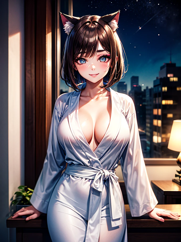 Highest quality,Highest Resolution,Beautiful smiling girl in a bathrobe gown,Cat ear,,Brown hair short bob,Bedroom,whole body,front,Night view outside the window,Very beautiful eyes,(((eye shadow))),(((Eyebrows))),(((makeup))),